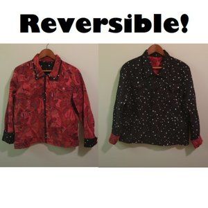 REVERSIBLE Pour Elle Black Polka Dots Red Floral Paisley Top with Pockets L